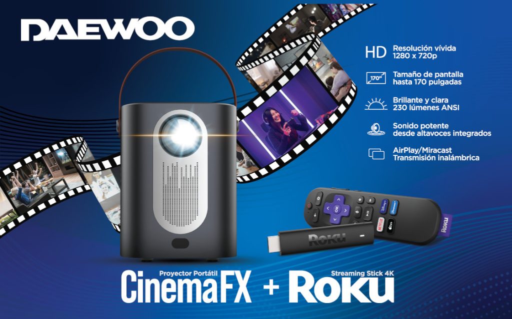 Proyector Daewoo CinemaFX y Roku Streaming Stick 4K: Arma una sala de cine en cualquier lugar