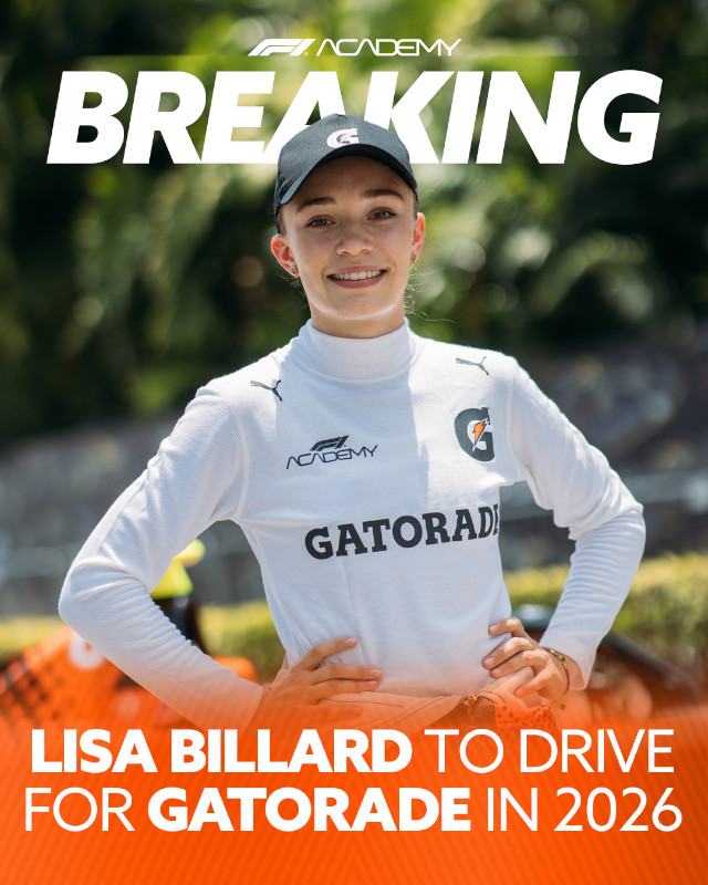 Gatorade  busca acelerar el deporte femenino a través de su alianza con la piloto debutante de F1 ACADEMY, Lisa Billard
